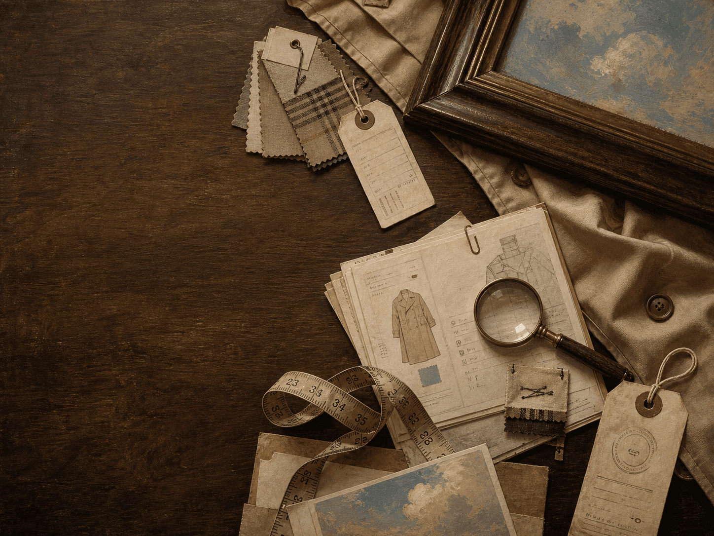 Vintage archive table with garment notes and frame details