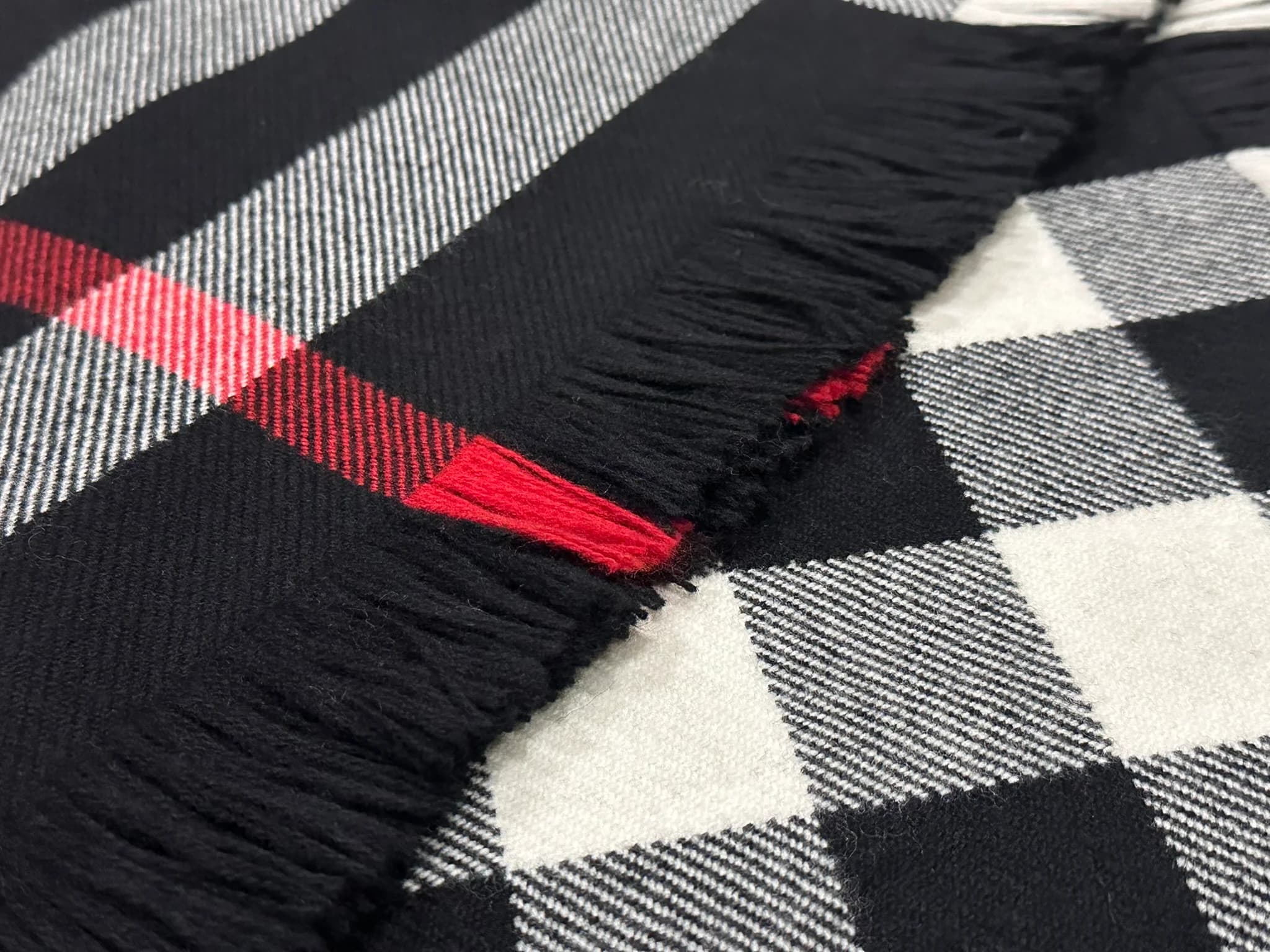 Black & White Plaid Fringe Long Scarf