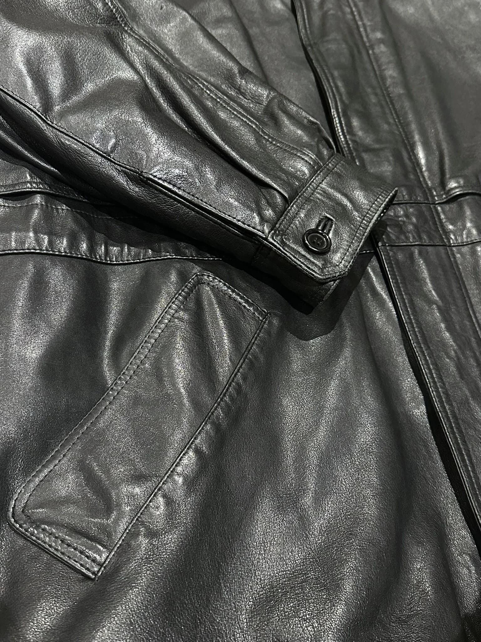 Mid-Length Black Genuine Leather Coat — thumbnail 5
