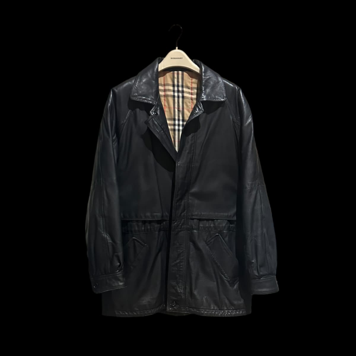 Mid-Length Black Genuine Leather Coat