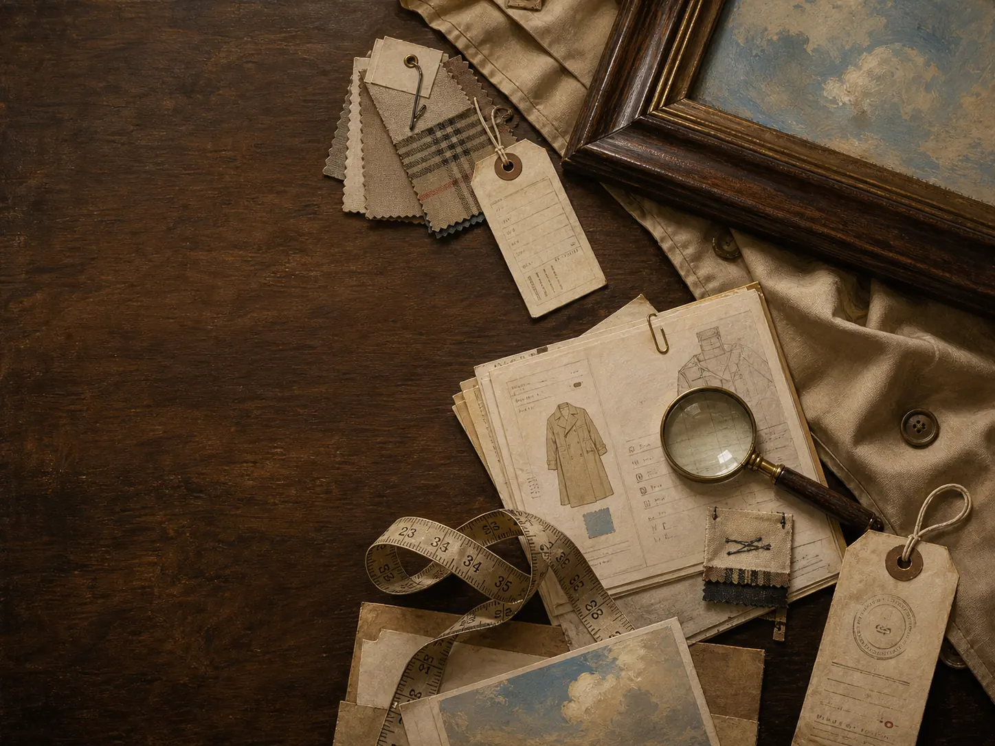 Vintage archive table with garment notes and frame details