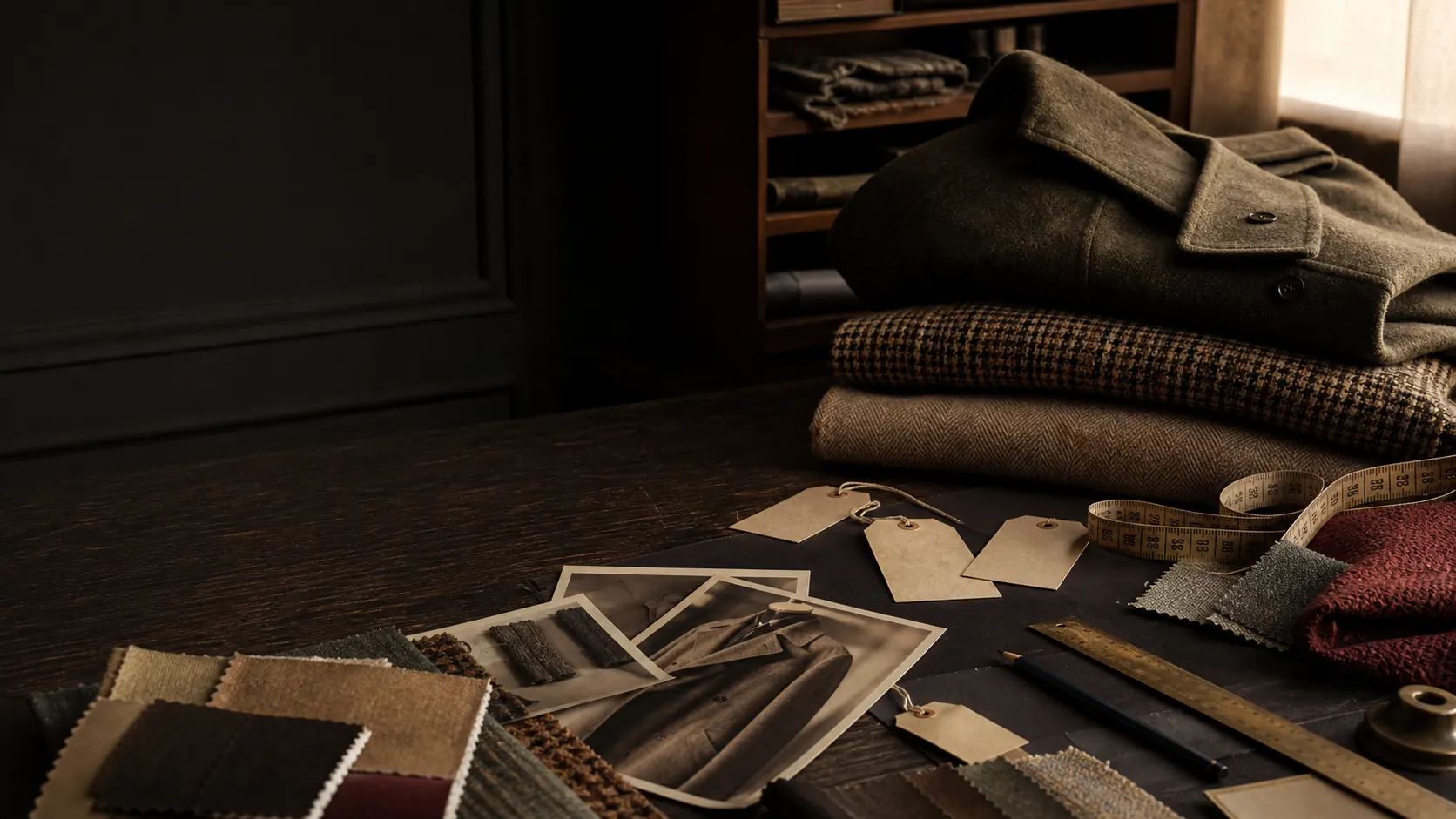 Vintage garment archive table with reference photos, fabric swatches, and measuring tools